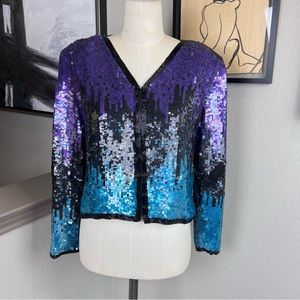 VINTAGE black purple teal blue sequin silk jacket top
